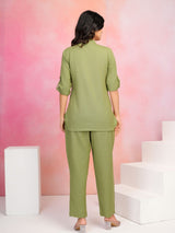 Women's Parrot Green Cotton Flex Co-Ord Set with Mandarin Collar & Stitched Button Details