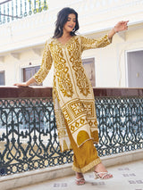 Women's Mustard Block Print with Kauri Embellishment Kurta Set