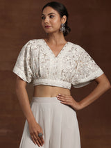 Women's Grey Floral Embroidered Georgette Crop Top with Embroidered Hem Palazzo and Solid Dupatta