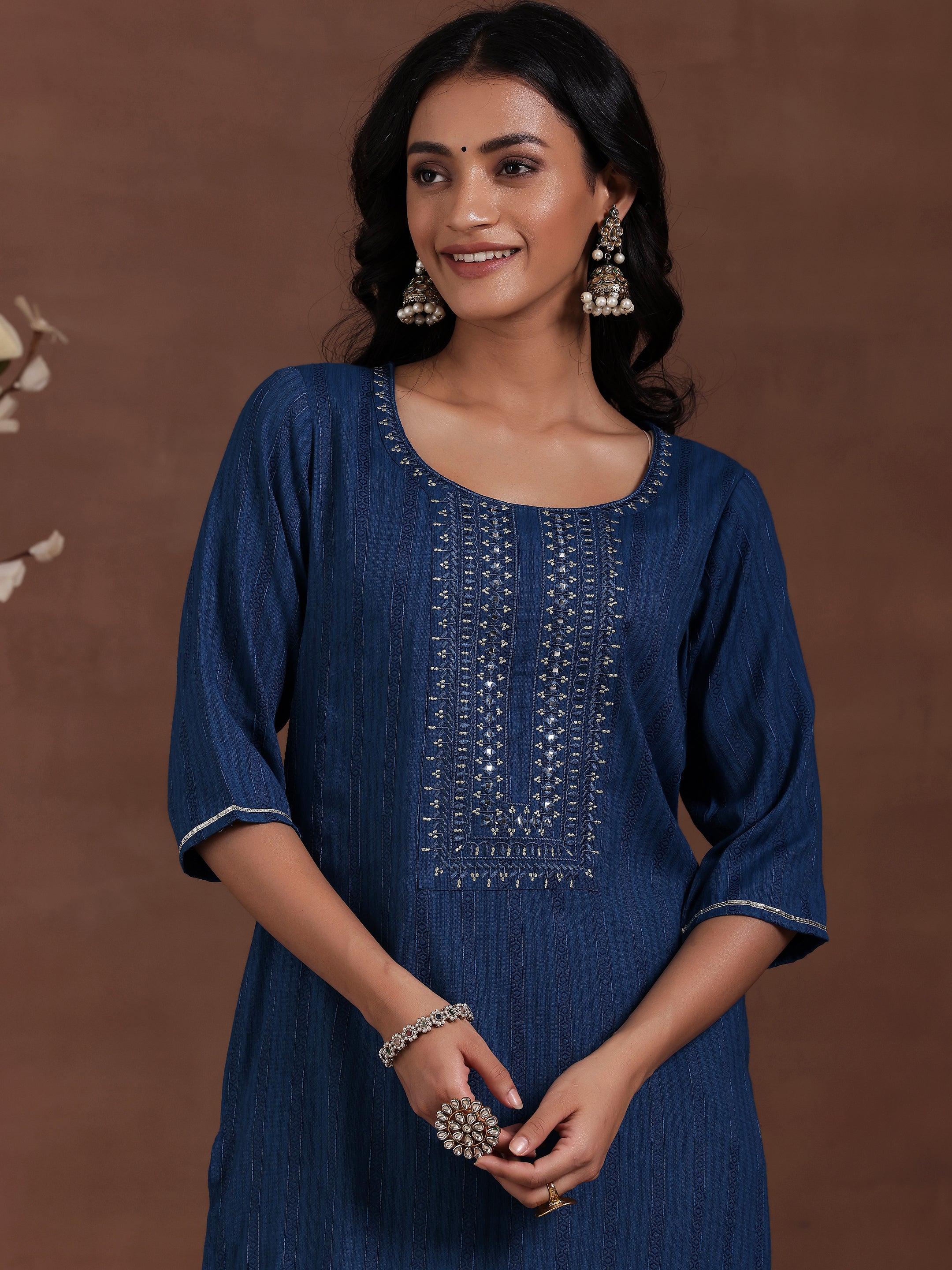 Women's Blue Woven Design Viscose Rayon Kurta with Pocket