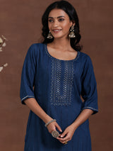 Women's Blue Woven Design Viscose Rayon Kurta with Pocket