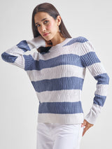 Women's Blue Casual Striped Full Sleeves Sweater