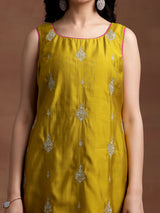 Women's Yellow Floral Embroidered Kurta with Lining and Solid Trouser with Self Design Dupatta
