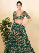 Women's Green Jain Silk Padded Back Open Elbow Sleeves Saree Blouse