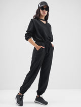 Women's Black Casual V-Neck Top & Jogger Co-Ords Set