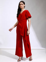 Women's Red Party Solid Half Sleeves Jumpsuit
