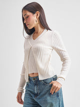 Women's Off White Casual Self-Design Full Sleeves Sweater