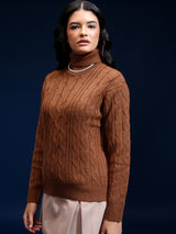 Women's Brown Casual Self-Design Full Sleeves Sweater