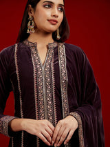Women Purple Ethnic Relaxed Fit Embroidered  Full Sleeves Kurta Sets