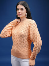 Women's Orange Casual Self-Design Full Sleeves Sweater