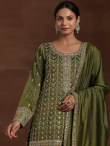 Women's Olive Ethnic Motif Zari Embellished Short Kurta With Palazzos and Dupatta
