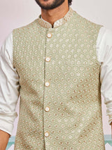 Men's Green Rayon Floral Embroidered Full Sleeves Nehru Jacket