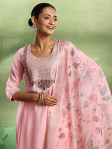 Women's Pink Silk Blend Yoke Design Straight Kurta and Trouser with Silk Blend Printed Dupatta