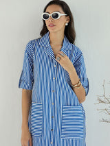 Women's Blue & White Casual Stripe Notched Lapel Midi Dress