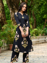 Women's Black Cotton Cambric Floral A-Line Kurta Set