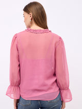 Women's Pink Casual Regular Fit Solid Full Sleeves Top