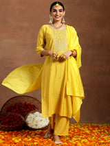 Women's Yellow Embroidered Yoke Straight Kurta and Solid Trouser with Yellow Self Design Dupatta