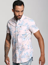 Men's Peach Casual Printed Slim Fit Half Sleeves Shirt