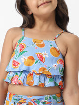 Girls Blue Casual Printed Co-Ord Set
