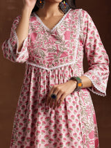 Women's Pink Floral Printed Panelled a-line Kurta with Printed Pink Palazzo