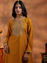 Women's Yellow Floral Embroidered Dobby Kurta with Solid Trouser and Poly Chiffon Self Design Dupatta