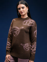 Women's Brown Casual Self-Design Full Sleeves Sweater