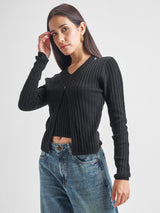 Women's Black Casual Self-Design Full Sleeves Sweater
