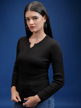 Women's Black Casual Solid Full Sleeves Sweater