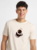 Men's Beige Half Sleeves Graphic Printed Cotton Tshirt