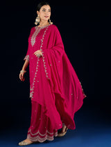 Women's Fuchsia Straight Fit Kurta With Zari Embroidery With Sharara And Dupatta