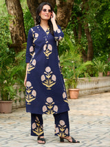 Women's Navy Floral Cotton A-Line Kurta Set