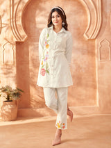 Women's White Multi-Thread Embroidered Chinon Co-Ord Set with Scallop 3/4th Sleeves