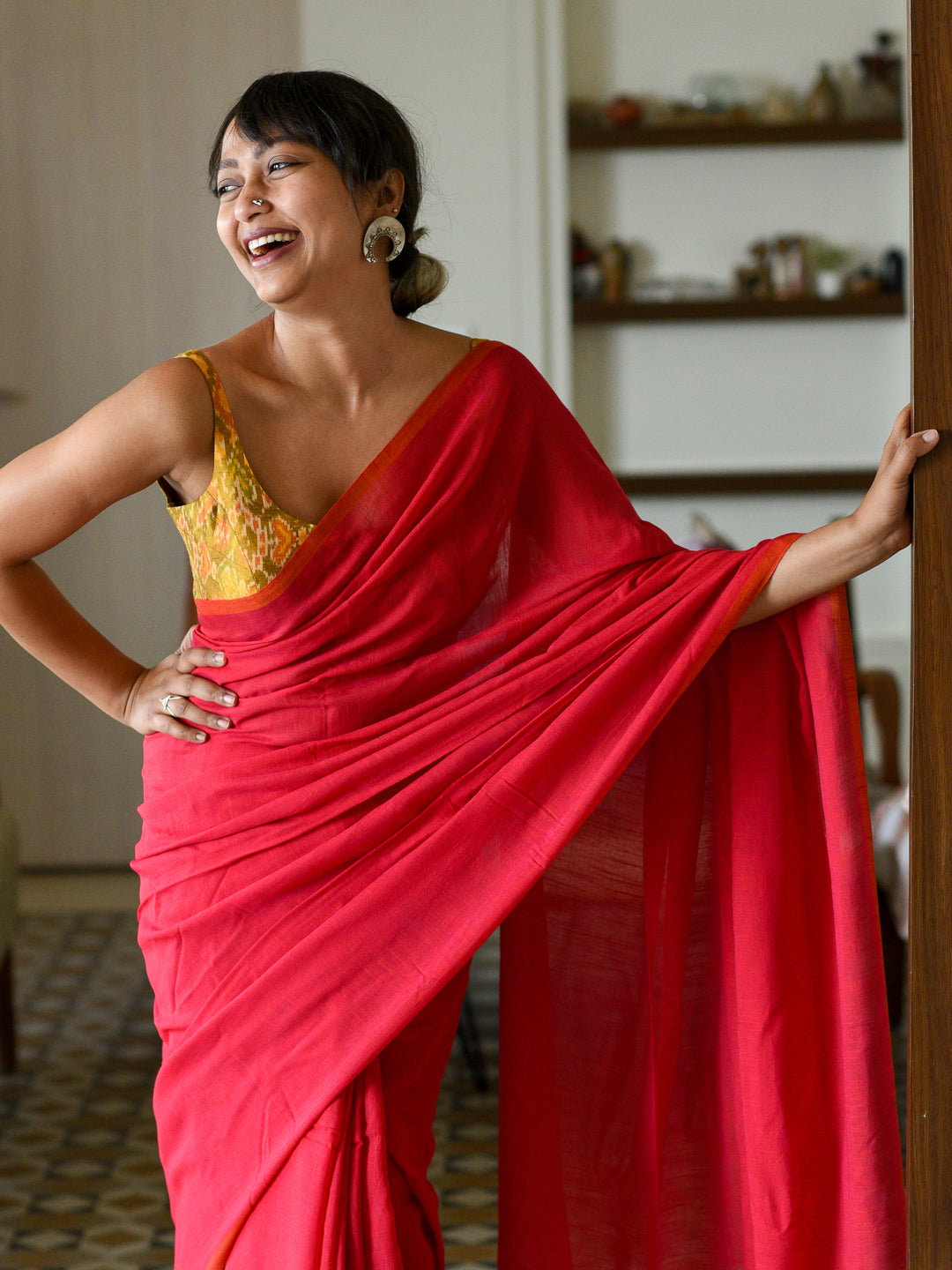 Women's Red Cotton Blend Saree