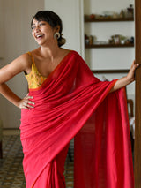 Women's Red Cotton Blend Saree