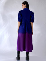 Women's Blue Casual Front Pleated Cotton Midi A-Line Dress