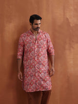 Men's Red Festive Printed Regular Fit Full Sleeves Kurta