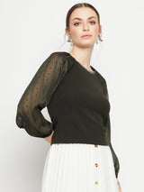 Women's Olive Casual Full Sleeve Sheer Top