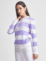 Women's Lavender Casual Striped Full Sleeves Sweater