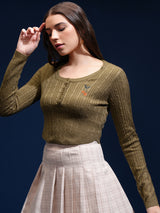 Women's Green Casual Self-Design Full Sleeves Sweater
