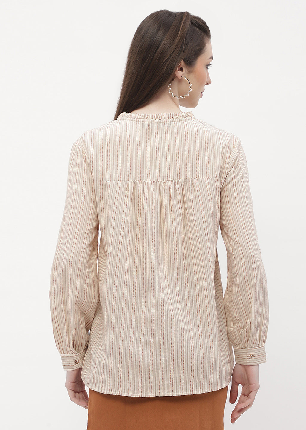 Women's Beige Casual Full Sleeve Ruffle Mandarin Collar Striped Top