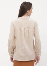 Women's Beige Casual Full Sleeve Ruffle Mandarin Collar Striped Top