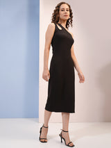 Women's Black Party One Shoulder Sleeveless Cut-Outs Bodycon Midi Dress