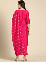 Women's Pink Silk Blend Yoke Design Straight Kurta With Trouser and Dupatta