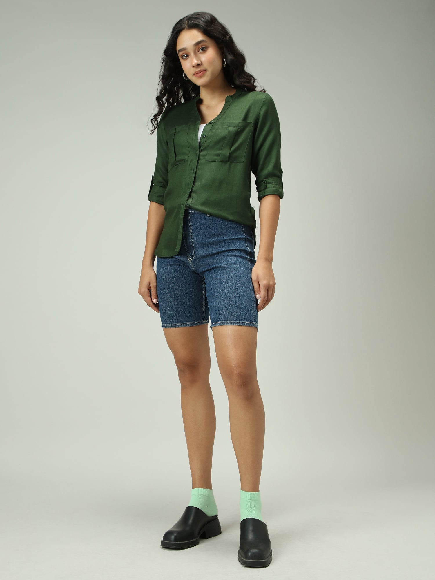 Women's Green Work Regular Fit Solid Shirt