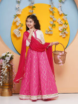 Girls White and Pink Ethnic Printed Three Quarter Sleeves Choli and Lehenga with Dupatta