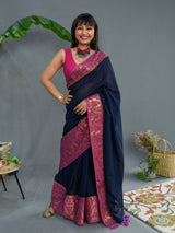 Women's Navy Pure Cotton Saree