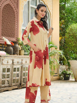 Women's Beige and Rust Floral Shirt-Style Kurta Set