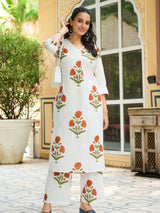 Women's White and Rust Bold Floral A-Line Kurta Set