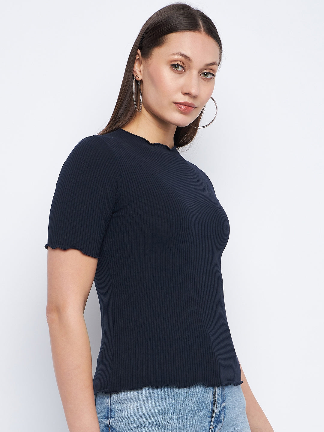 Women's Navy Casual Regular Fit Solid Half Sleeves Top