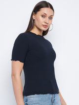 Women's Navy Casual Regular Fit Solid Half Sleeves Top